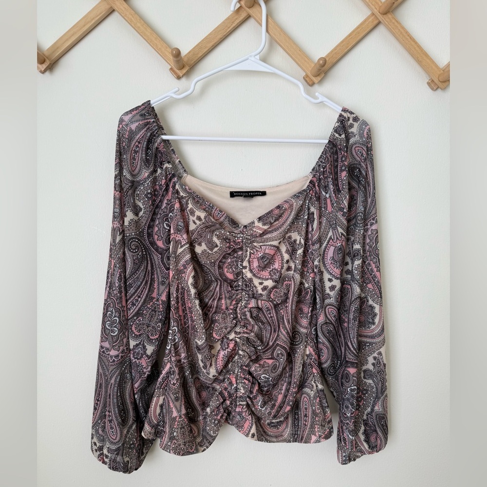Boston Proper Paisley Mesh ruched Blouse